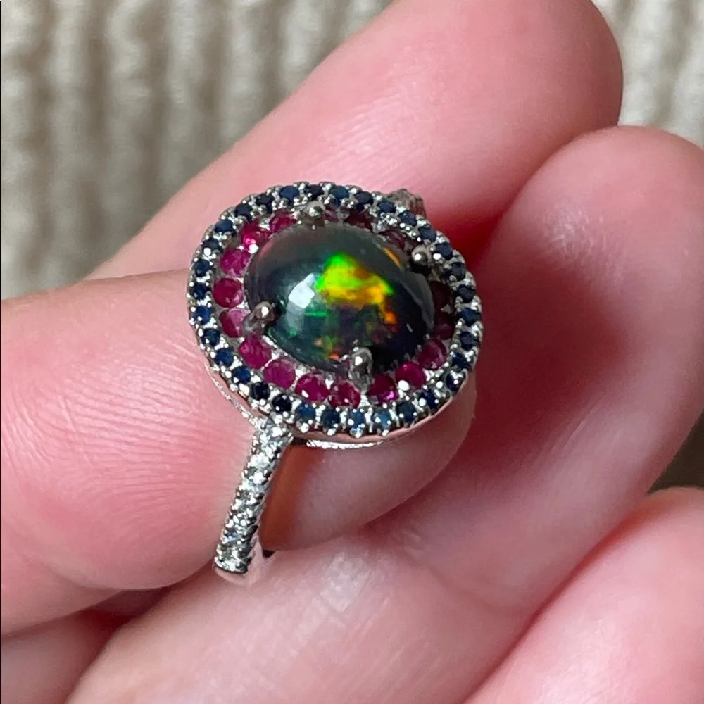 Black Opal, Ruby & Sapphire Ring in 925 Sterling Silver Size 6 CZ Accent - Picture 8 of 10